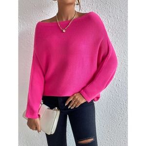 hot pink Boat Neck Batwing Sleeve Sweater